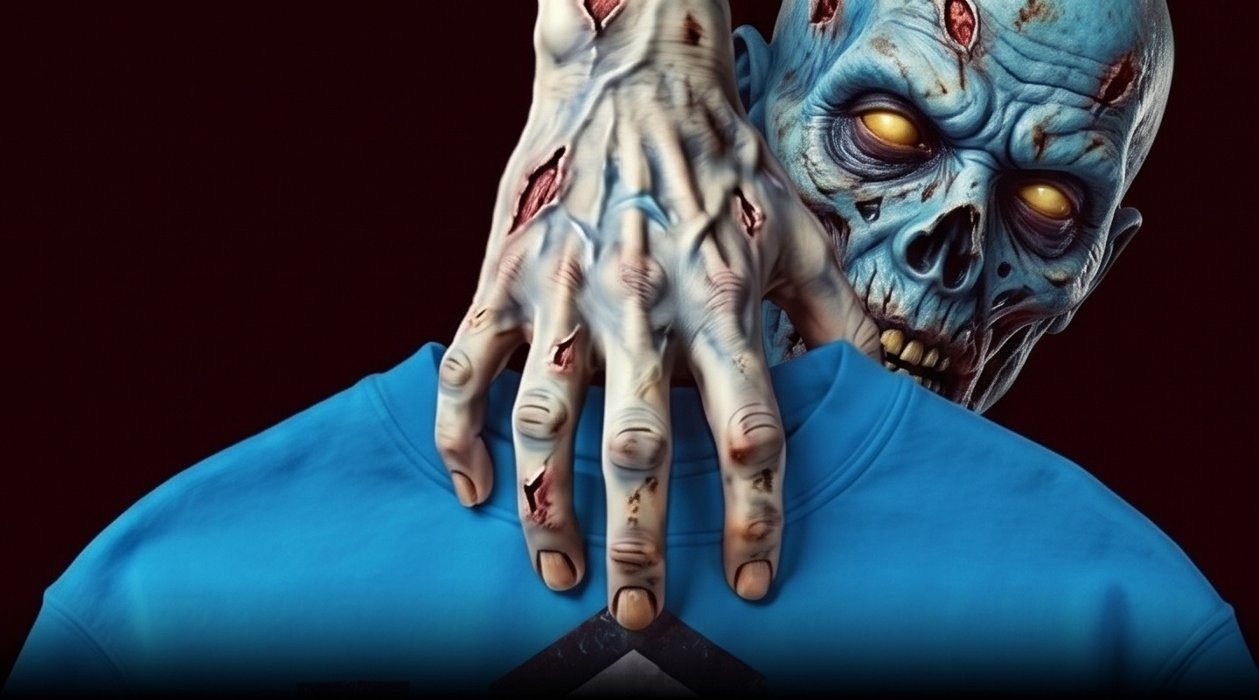 The zombie leaning in behind its hand, grabbing a blue crewneck